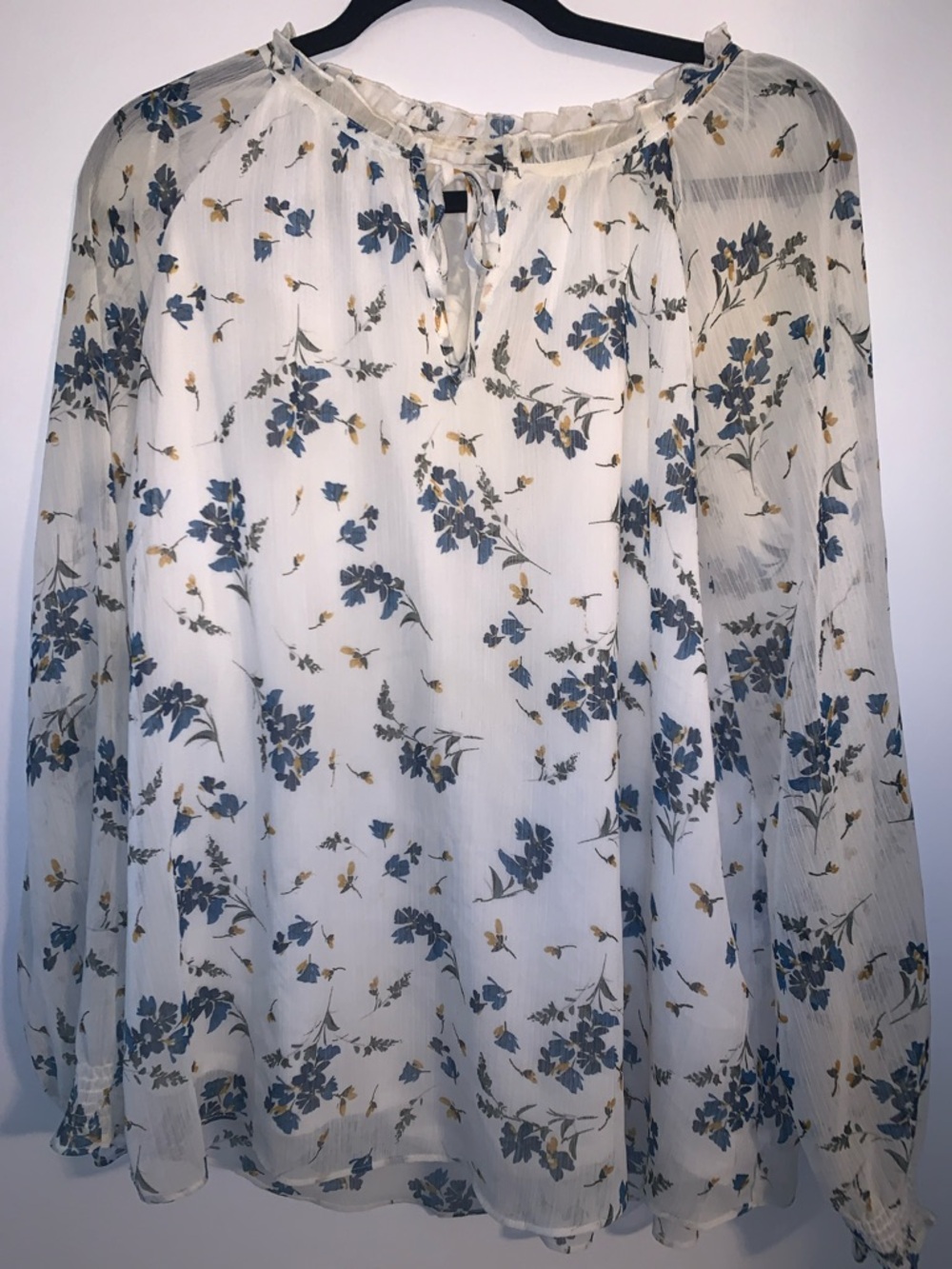 Denver Hayes Cream Floral Tie-Neck Blouse with Blue & Mustard Accents